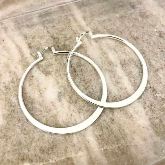 925 Sterling Silver Hoop Earrings Large Silver Hoops Modern Earrings - Picture 2 of 4